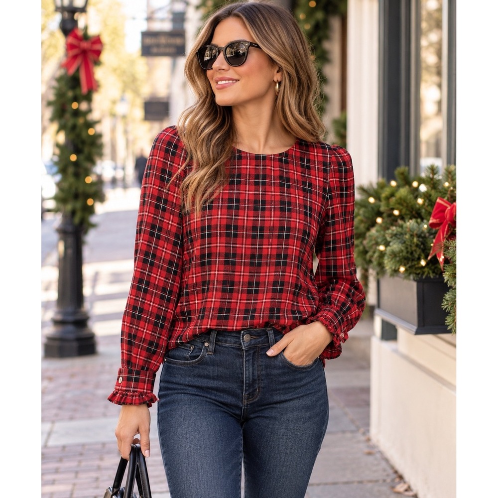 LOFT Plaid Blouse Womens Small Red Black Plaid Ruffle Cuff Long Sleeve Top